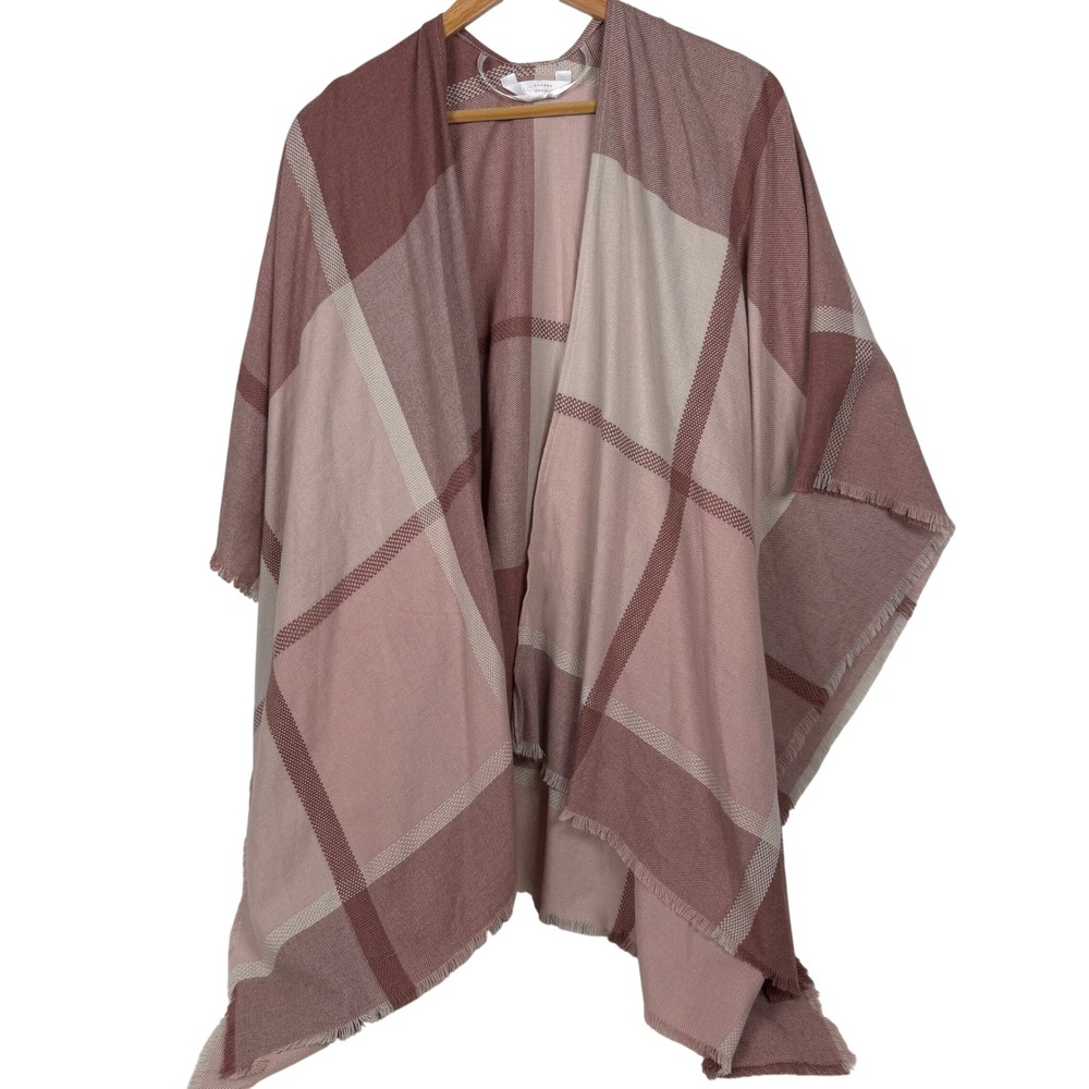 Lauren Conrad Poncho Wrap Womens One Size Pink Plaid Frayed Fringe Open Front